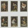 Cards depicting children : drinking milk from a pail, fishing, tightrope walking, being snapped at by a duck, cooking a doll and being snapped at by a turkey.