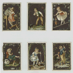 Cards depicting children : drinking milk from a pail, fishing, tightrope walking, being snapped at by a duck, cooking a doll and being snapped at by a turkey.