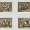 Trade cards depicting entertainers : cooking, performing, falling and playing music.