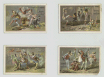 Trade cards depicting entertainers : cooking, performing, falling and playing music.