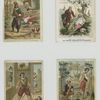 Trade cards depicting the fables : Les deux coqs ; Le corbeau et le renard ; Le lion & le moucheron ; Le cheval & le loup.