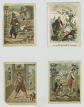 Trade cards depicting the fables : Les deux coqs ; Le corbeau et le renard ; Le lion & le moucheron ; Le cheval & le loup.