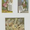 Trade cards depicting cherubs running away from an explosion, a woman looking in a mirror and curtains.