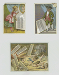 Trade cards depicting cherubs running away from an explosion, a woman looking in a mirror and curtains.