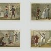 Trade cards depicting a dining area, trapdoor, chef and soldiers.
