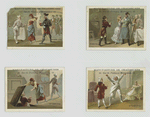 Trade cards depicting a dining area, trapdoor, chef and soldiers.