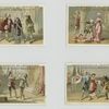 Trade cards depicting a couch, stairs, interior space, a street, men shaking hands, kissing a hand and courtship.