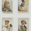 Trade cards depicting men : fishing, with spectacles, holding an envelope and a feather duster and a man carrying packages.