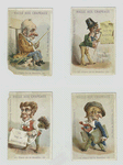 Trade cards depicting men : fishing, with spectacles, holding an envelope and a feather duster and a man carrying packages.
