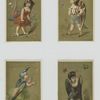 Trade cards depicting men and women wearing bird costumes, butterflies, stars and flute playing.