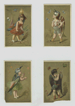 Trade cards depicting men and women wearing bird costumes, butterflies, stars and flute playing.