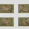 Cards depicting angels in a tree branch, feeding babies, reading, birds, hammer, chisel, butterflies, bow and arrow.