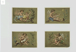 Cards depicting angels in a tree branch, feeding babies, reading, birds, hammer, chisel, butterflies, bow and arrow.