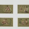 Cards depicting an angel and baby : playing with a ball, walking on a branch, being dipped in a stream and mourning the death of a bird.