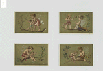 Cards depicting an angel and baby : playing with a ball, walking on a branch, being dipped in a stream and mourning the death of a bird.
