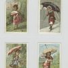 Cards depicting women outside using parasols, fans and in the rain using an umbrella.
