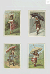 Cards depicting women outside using parasols, fans and in the rain using an umbrella.