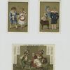 Calendars and trade cards depicting children quarreling and a man tugging a woman's skirt.