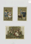 Calendars and trade cards depicting children quarreling and a man tugging a woman's skirt.
