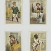 Trade cards depicting a coachman, a man eating a meal, a man with wine bottles and a servant of African descent.