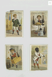 Trade cards depicting a coachman, a man eating a meal, a man with wine bottles and a servant of African descent.