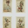 Trade cards depicting caricatures of a woman as a perfume bottle, an explorer, a man with a cigar, and a man turning into a mushroom.
