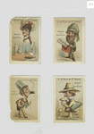Trade cards depicting caricatures of a woman as a perfume bottle, an explorer, a man with a cigar, and a man turning into a mushroom.