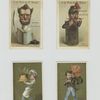 Trade cards depicting a teacher, soldier, chef with a dessert and bees and a boy with an umbrella on a windy day.