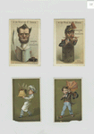 Trade cards depicting a teacher, soldier, chef with a dessert and bees and a boy with an umbrella on a windy day.