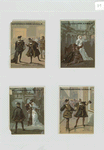 Trade cards depicting scenes from Hernani : fighting, courtship and discussion.