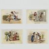 Trade cards depicting a jockey on the ground, a woman selling fish, a distracted waiter and a nurse tending to a wounded soldier.