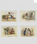 Trade cards depicting a jockey on the ground, a woman selling fish, a distracted waiter and a nurse tending to a wounded soldier.