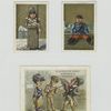 Trade cards depicting soldiers and a comic scene with a woman and two men.