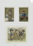 Trade cards depicting soldiers and a comic scene with a woman and two men.