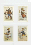 Trade cards depicting a Laplander, a Russian woman, a Swiss woman and a man serving ice cream.