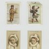 Trade cards depicting an Egyptian woman, a Scottish man and entertainers.