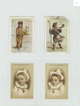 Trade cards depicting an Egyptian woman, a Scottish man and entertainers.