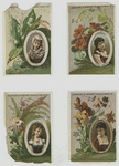 Trade cards depicting flowers, plants and framed portraits of women.