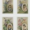 Trade cards depicting flowers, plants and framed portraits of women.