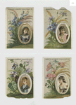 Trade cards depicting flowers, plants and framed portraits of women.