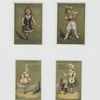 Trade cards with these messages and depictions : don't play with fire, or with hot water ; beware of drafts ; a girl playing with a cat ; a girl playing with a dog.