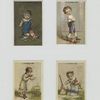Trade cards with warnings for children depicting eating, a broken doll and cutting clothing.