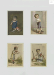 Trade cards with warnings for children depicting eating, a broken doll and cutting clothing.
