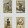 Trade cards depicting : Italian, Swedish and Norwegian pavilions at the Universal Exhibition of 1878 ; a man in Scottish dress ; and an entertainer.