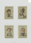 Trade cards depicting caricatures of women selling : fish, flowers and boxes.