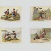 Trade cards depicting a man and woman : at the zoo, at the flower market, ice skating and by a canoe.