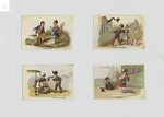 Trade cards depicting a man and woman : at the zoo, at the flower market, ice skating and by a canoe.