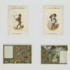 Trade cards depicting flowers, butterflies and men with 'layettes' advertisements.