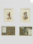 Trade cards depicting flowers, butterflies and men with 'layettes' advertisements.