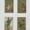 Trade cards depicting children playing with bubbles, a soldier and a hunting accident.